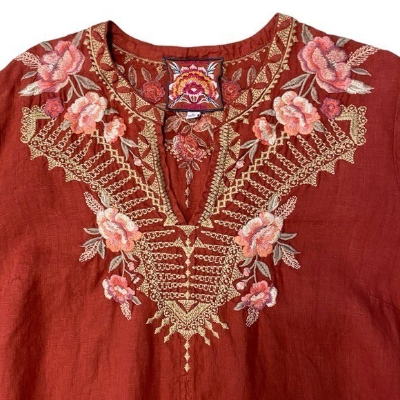 Johnny Was‎ Embroidered Linen Tunic Dress Medium Red Orange Floral Boho - Picture 7 of 10